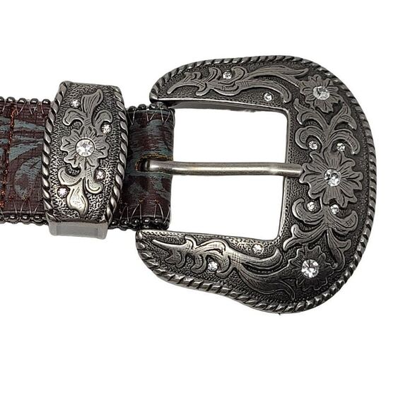 1781 BC‎ Leather Western Scroll Buckle Belt S Silver Rhinestone Brown Turquoise main image 9